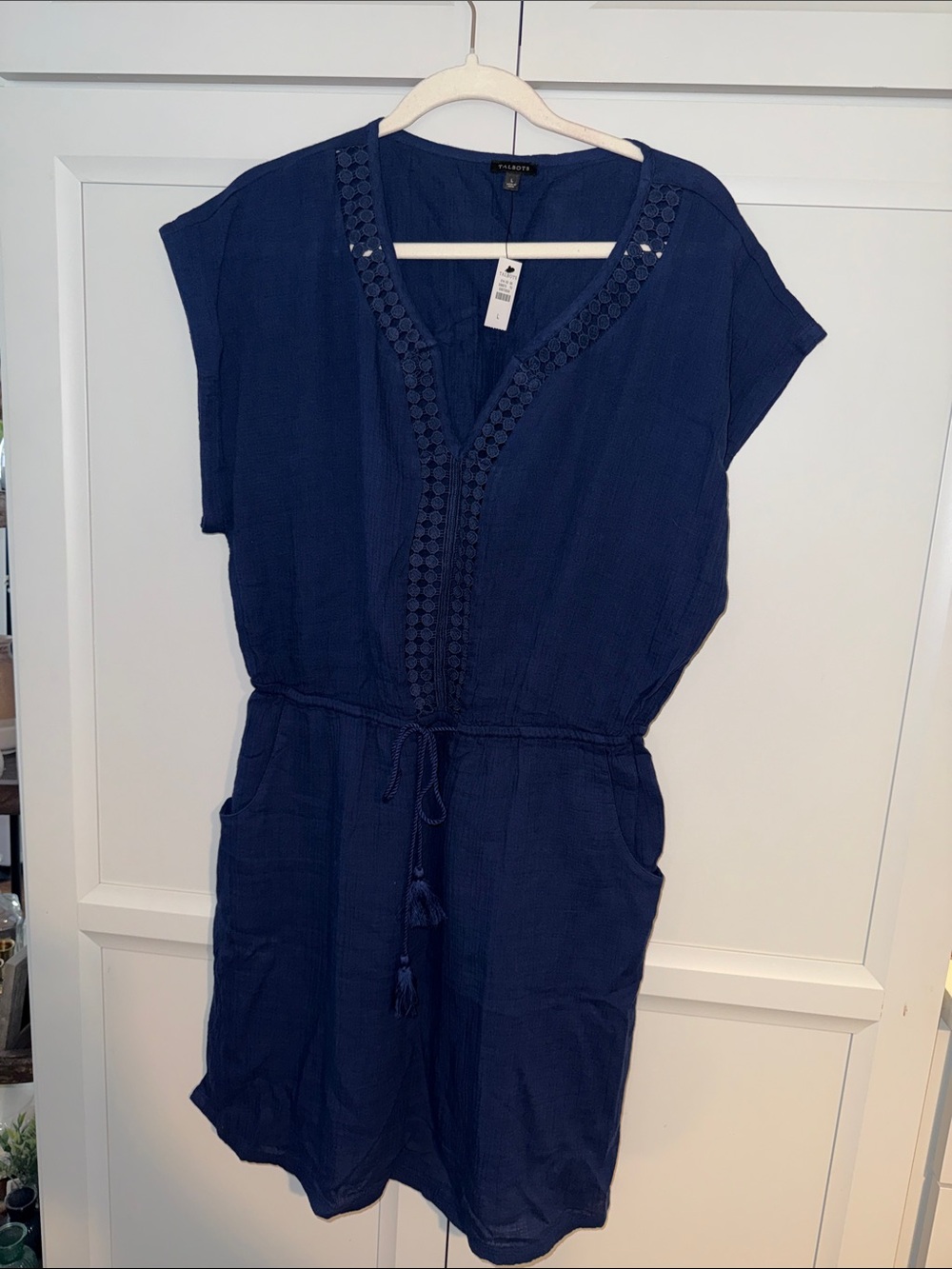 Talbots NWT Indigo Blue Cotton Extended Shoulder Eyelet V-Neck Dress L Large